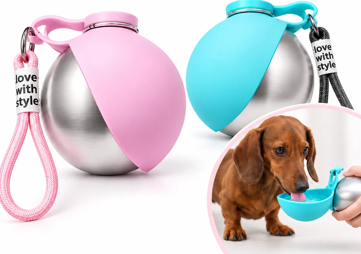 Pink and blue portable dog water bottles with fold-out drinking bowls and wrist straps